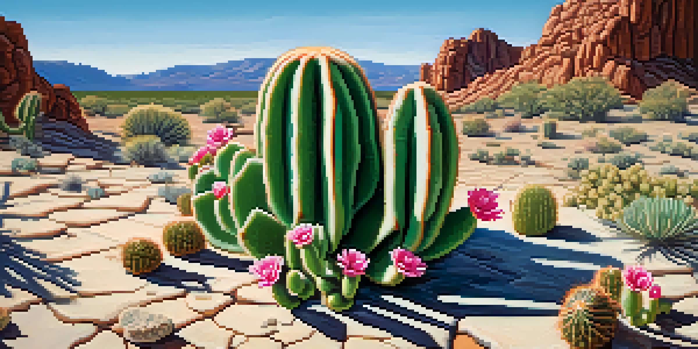 A close-up of a Peyote cactus with green skin and pink flowers in a desert setting, showcasing its texture and shadows in bright sunlight.