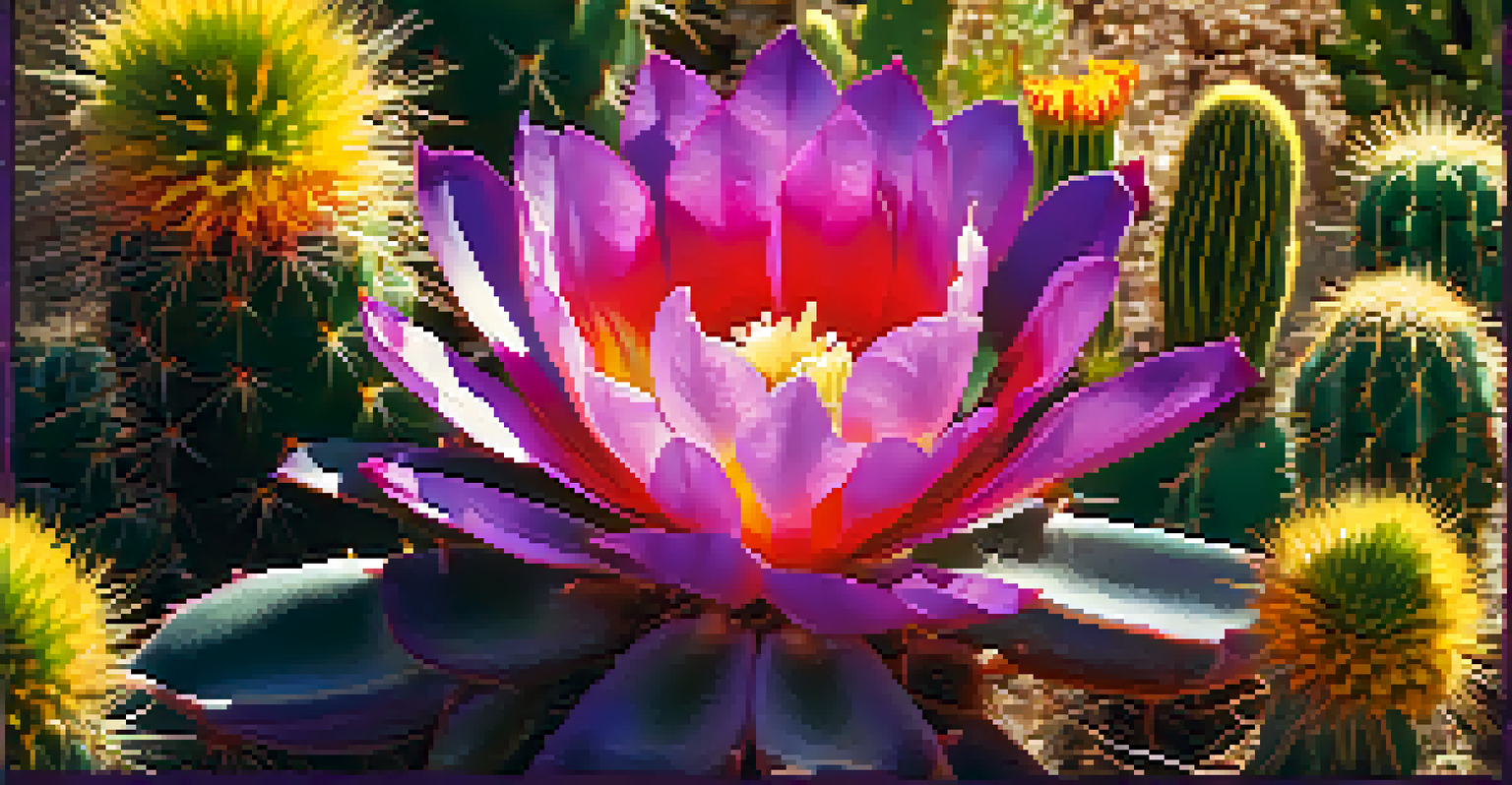 A close-up of a peyote cactus surrounded by vibrant wildflowers under sunlight, highlighting textures and colors.