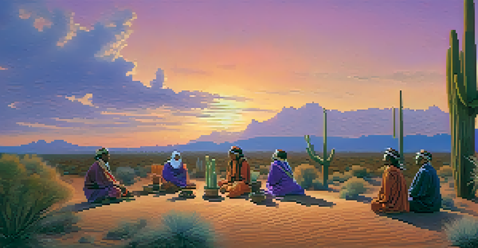 A group of Indigenous people gathered around a peyote cactus in a desert landscape at dusk, with warm sunset colors in the sky.