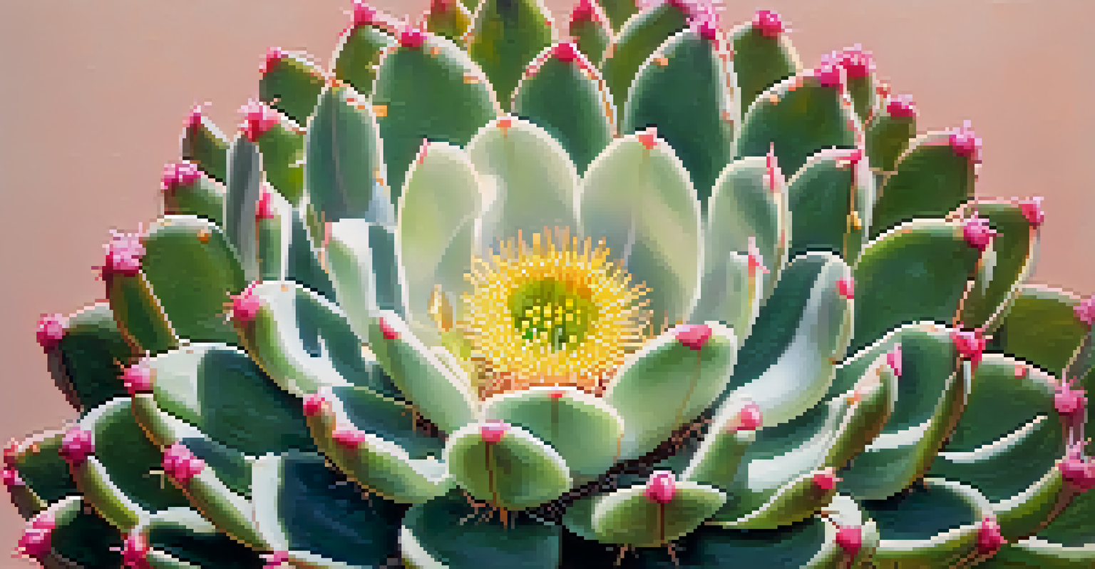 A detailed close-up of a Peyote cactus with pink flowers, showcasing its texture and beauty in natural sunlight.
