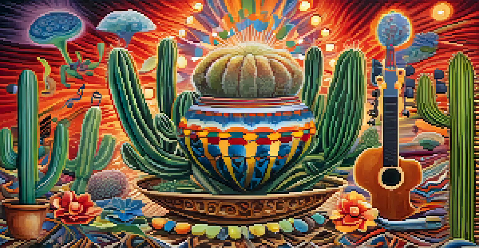 Artistic representation of a peyote cactus surrounded by music notes, paintbrushes, and cultural symbols in a vibrant background.