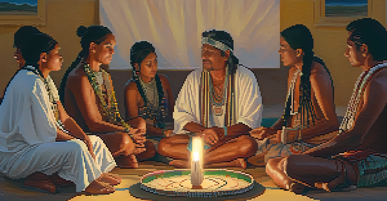 Indigenous individuals participating in a peyote ceremony in a warmly lit setting.