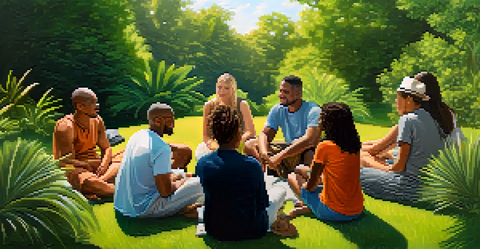 A diverse group of individuals sitting in a circle outdoors, sharing stories and experiences, with expressions of contemplation and connection in a lush green setting.