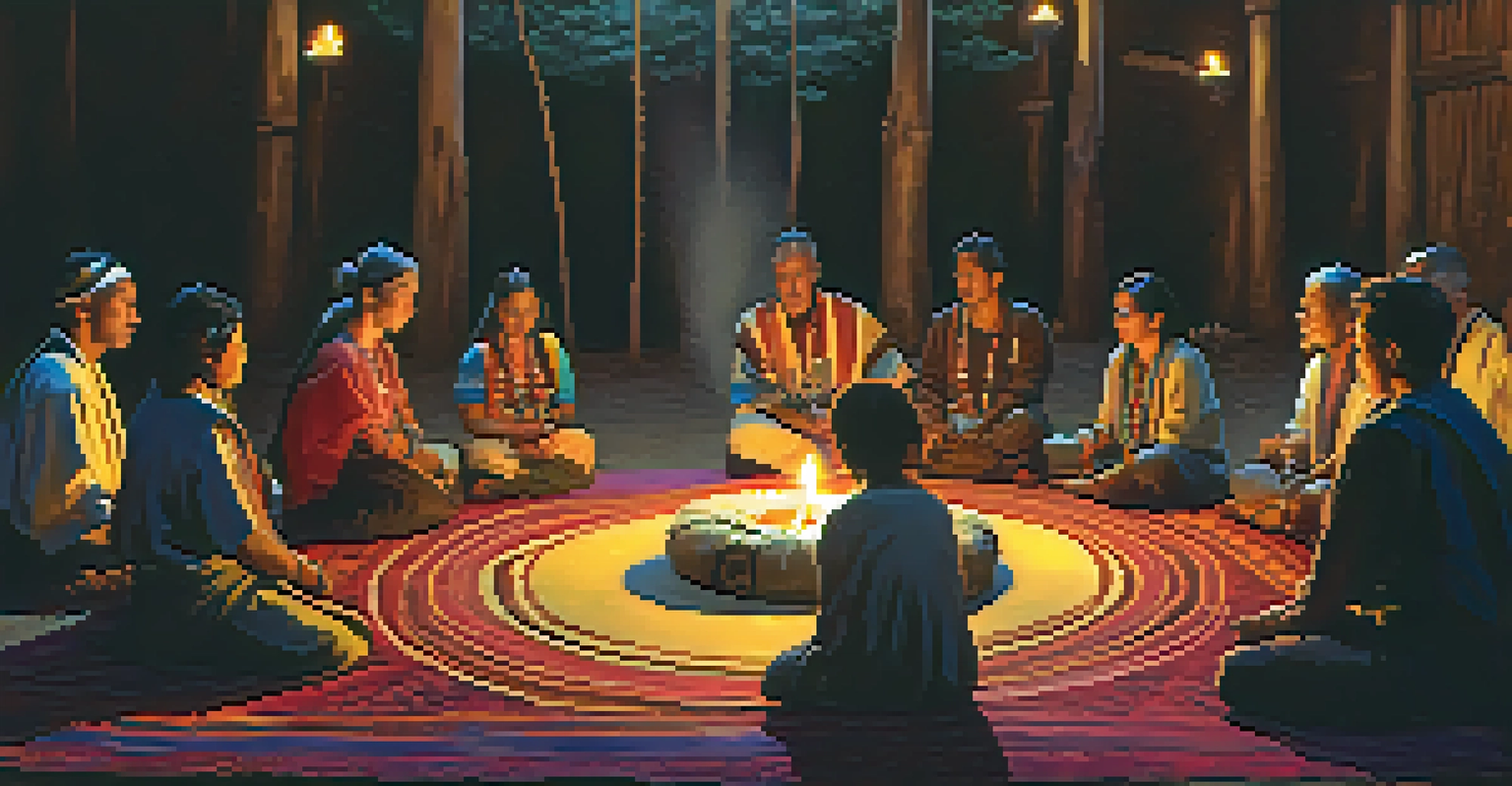 A group of people participating in a shamanic ceremony with colorful textiles and candlelight creating a spiritual atmosphere.