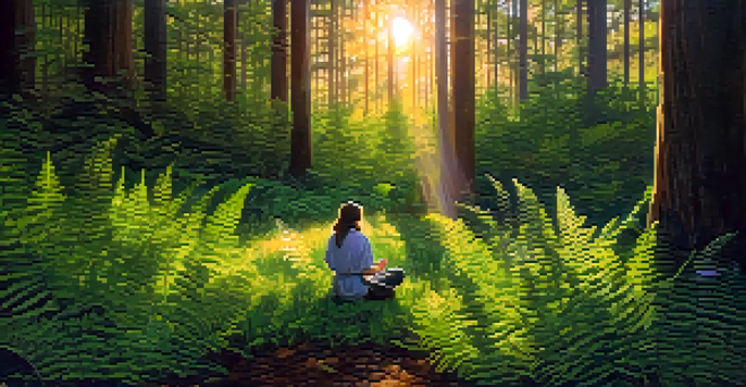 A person sitting cross-legged in a tranquil forest, surrounded by greenery and flowers, with sunlight streaming through the leaves above.