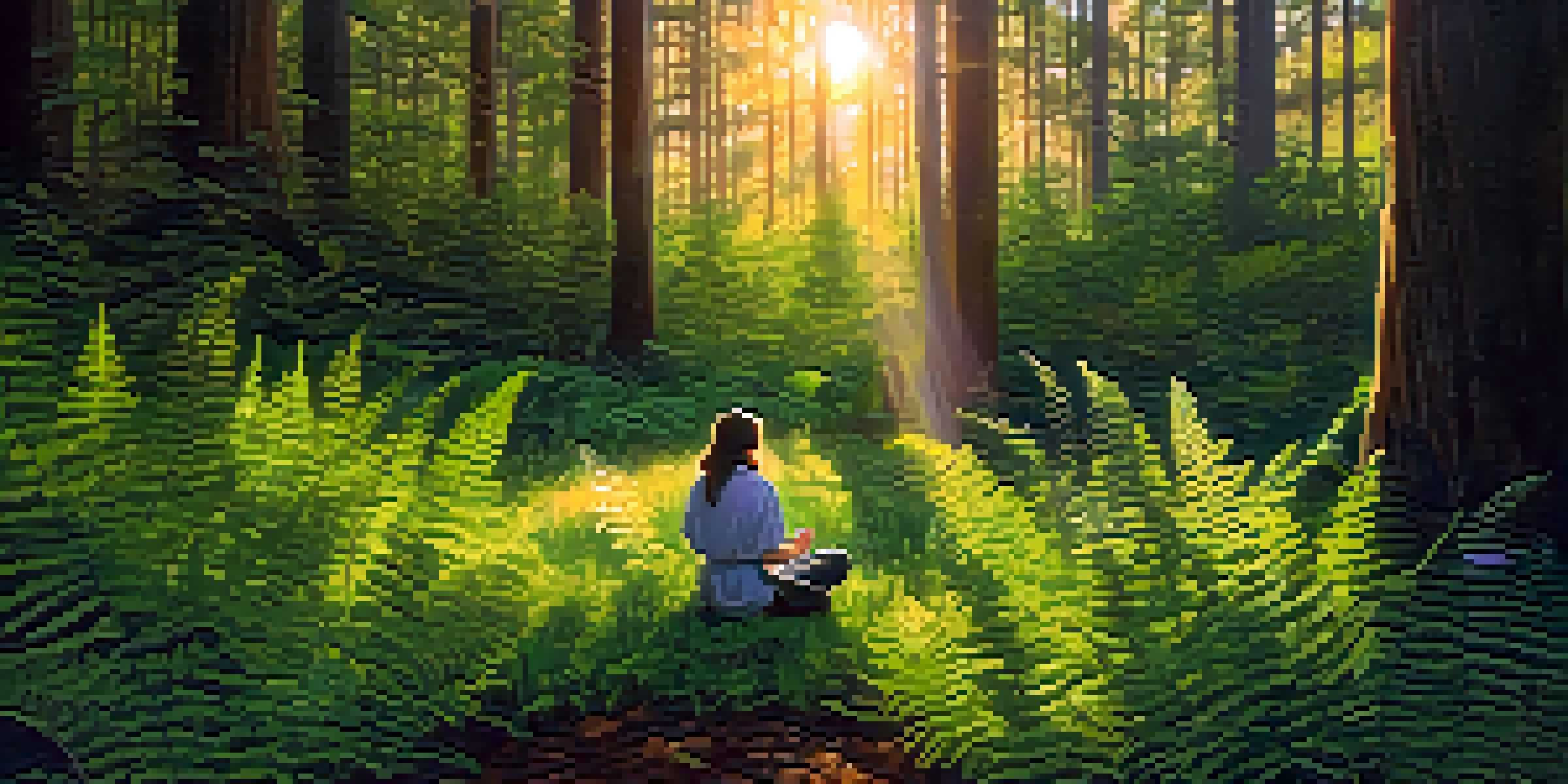 A person sitting cross-legged in a tranquil forest, surrounded by greenery and flowers, with sunlight streaming through the leaves above.