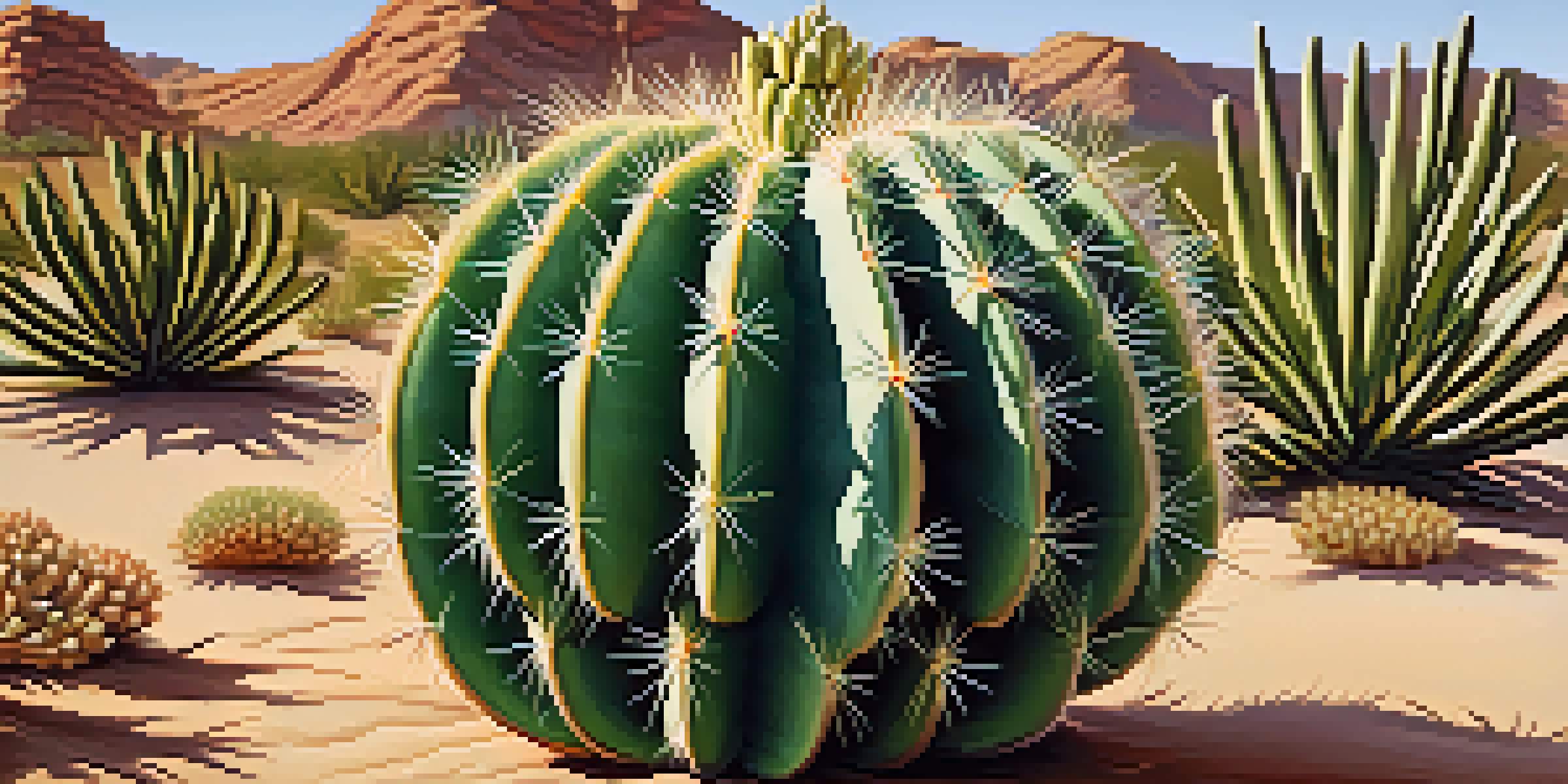 A detailed close-up of a Peyote cactus with a blurred desert background and warm sunlight.