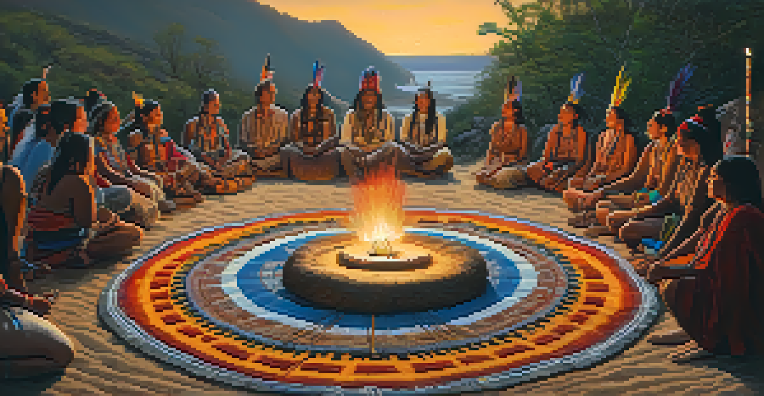 An Indigenous shaman leading a Peyote ceremony with participants gathered around, surrounded by candles and traditional items.