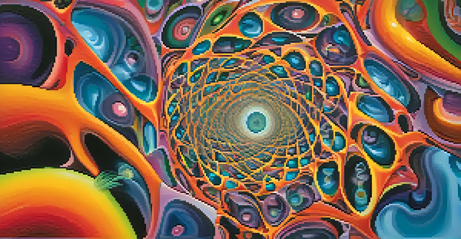 An artistic representation of the molecular structure of mescaline surrounded by vibrant abstract patterns.