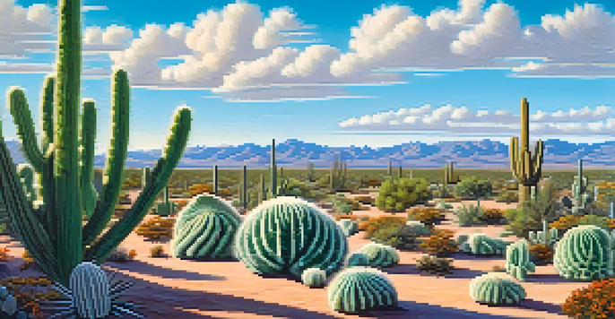 A lush desert landscape with blooming peyote cacti and a clear blue sky.