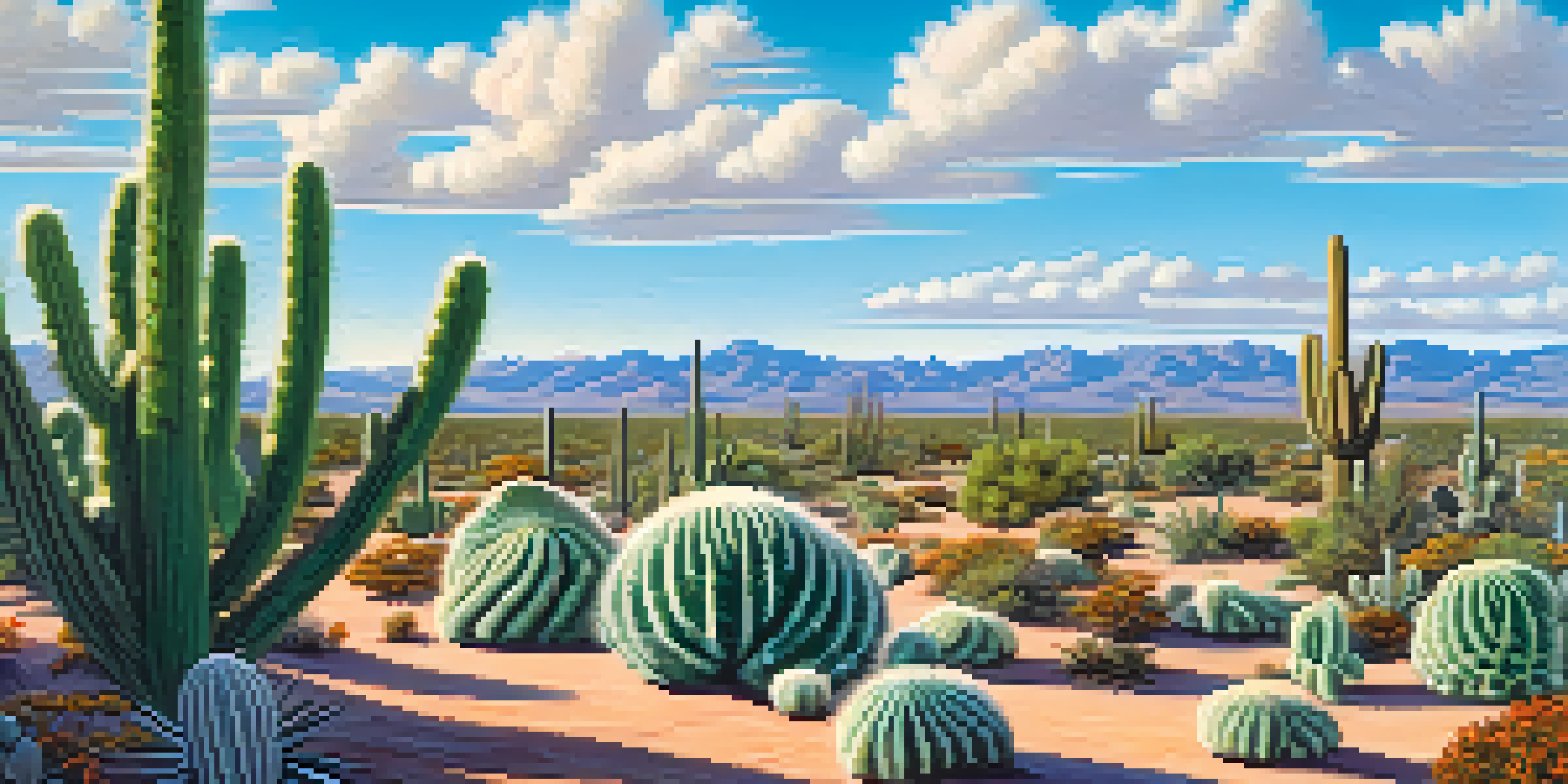 A lush desert landscape with blooming peyote cacti and a clear blue sky.