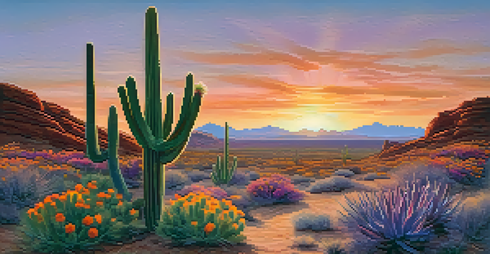 A desert landscape with a peyote cactus at sunset, surrounded by wildflowers and a colorful sky.