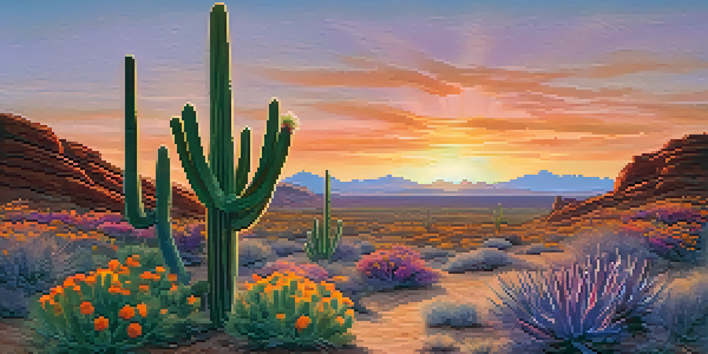 A desert landscape with a peyote cactus at sunset, surrounded by wildflowers and a colorful sky.
