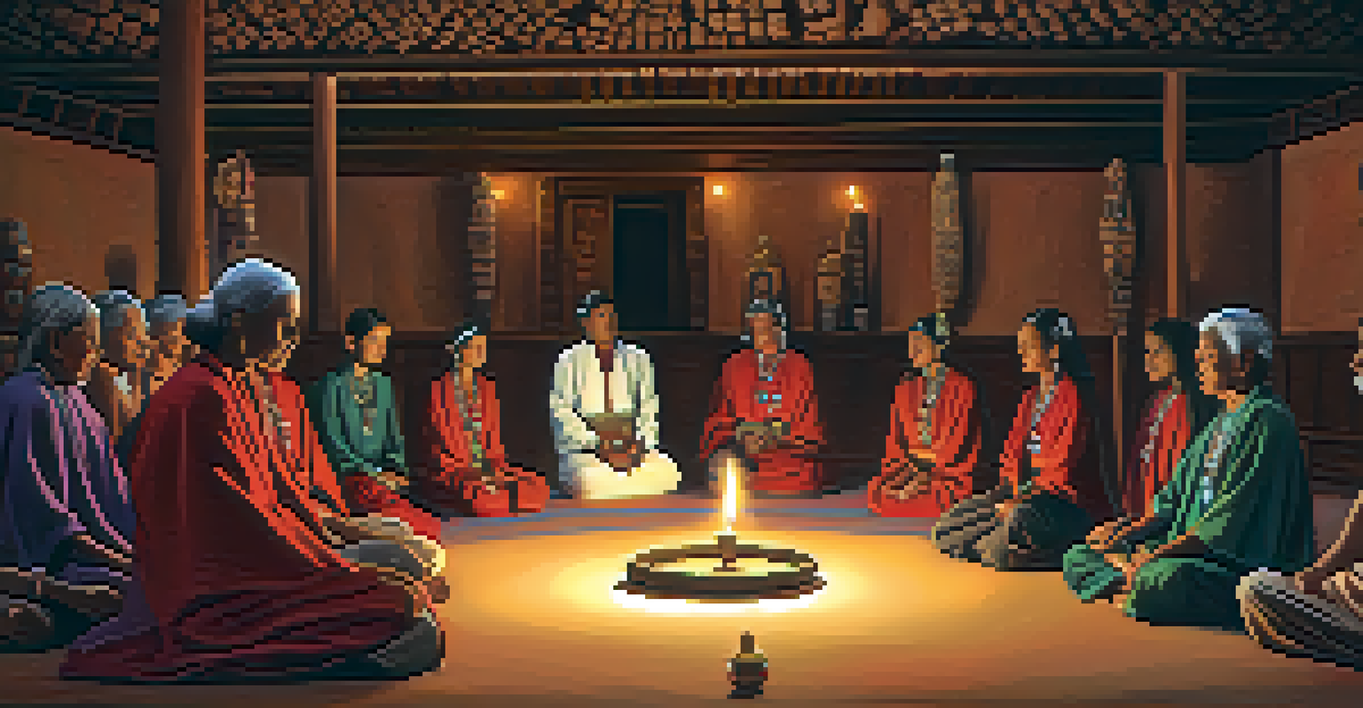 An elder leading a peyote ritual in a dimly lit room filled with traditional artifacts and candles, creating a sacred atmosphere.