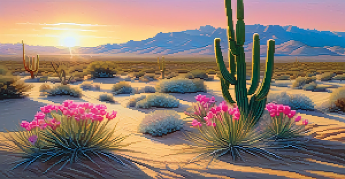 A small peyote cactus with pink flowers in a desert landscape during sunset.