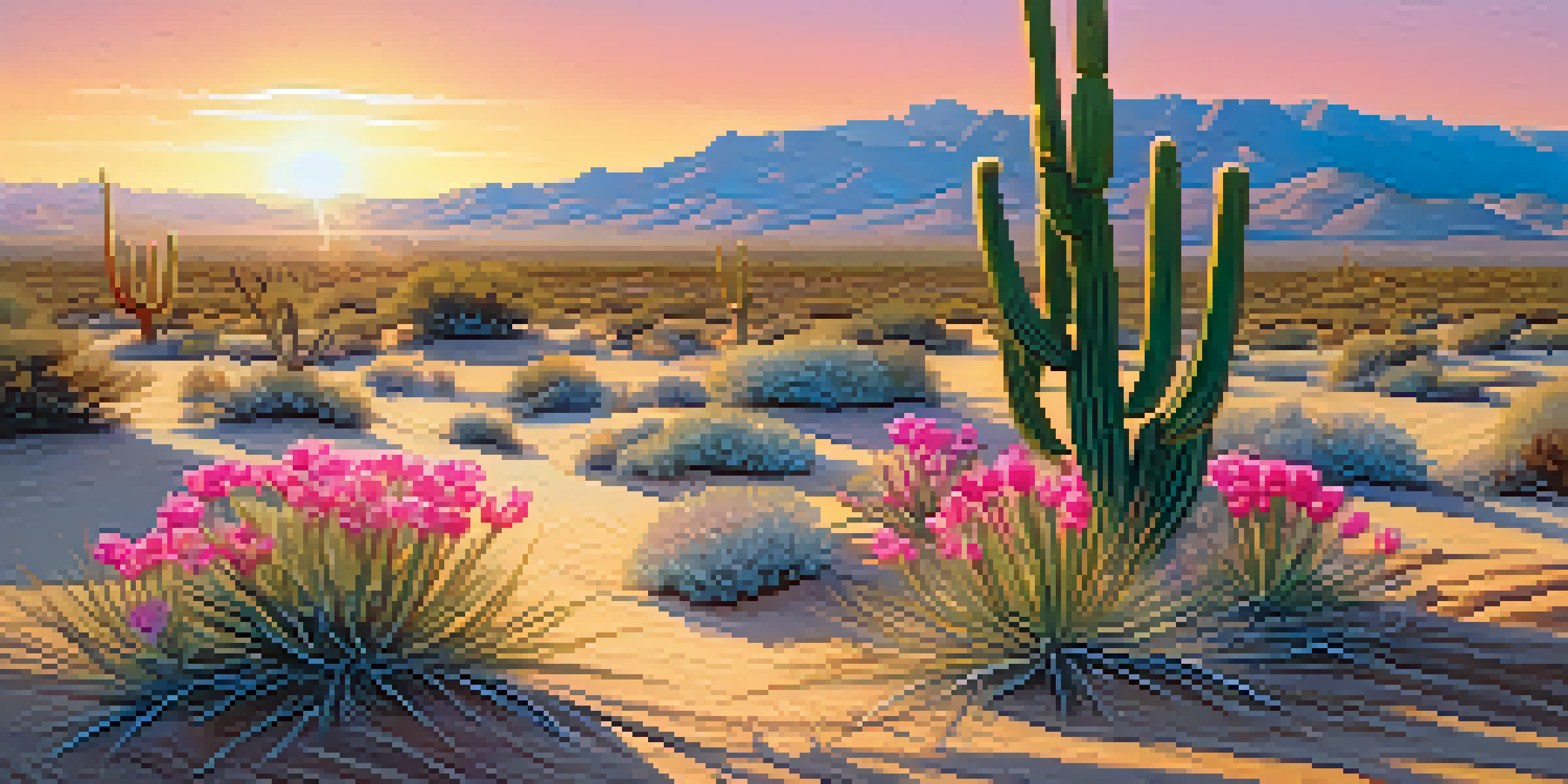 A small peyote cactus with pink flowers in a desert landscape during sunset.
