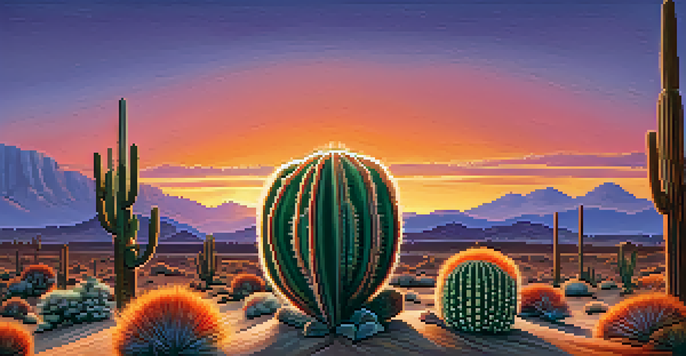A close-up view of a peyote cactus in a desert landscape during sunset, surrounded by mountains and a colorful sky.