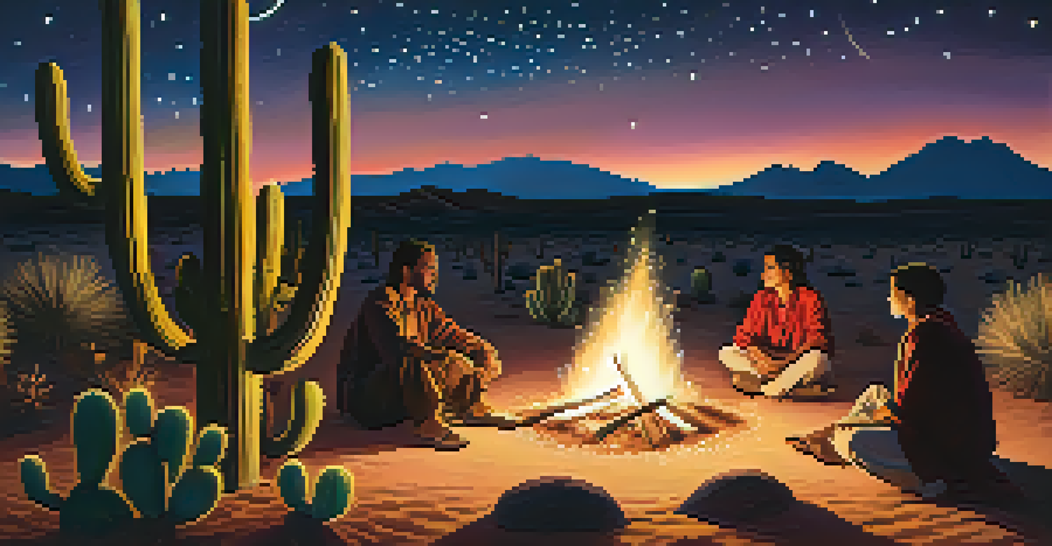 A night scene in the desert with a bonfire and indigenous people sharing stories under a starry sky.
