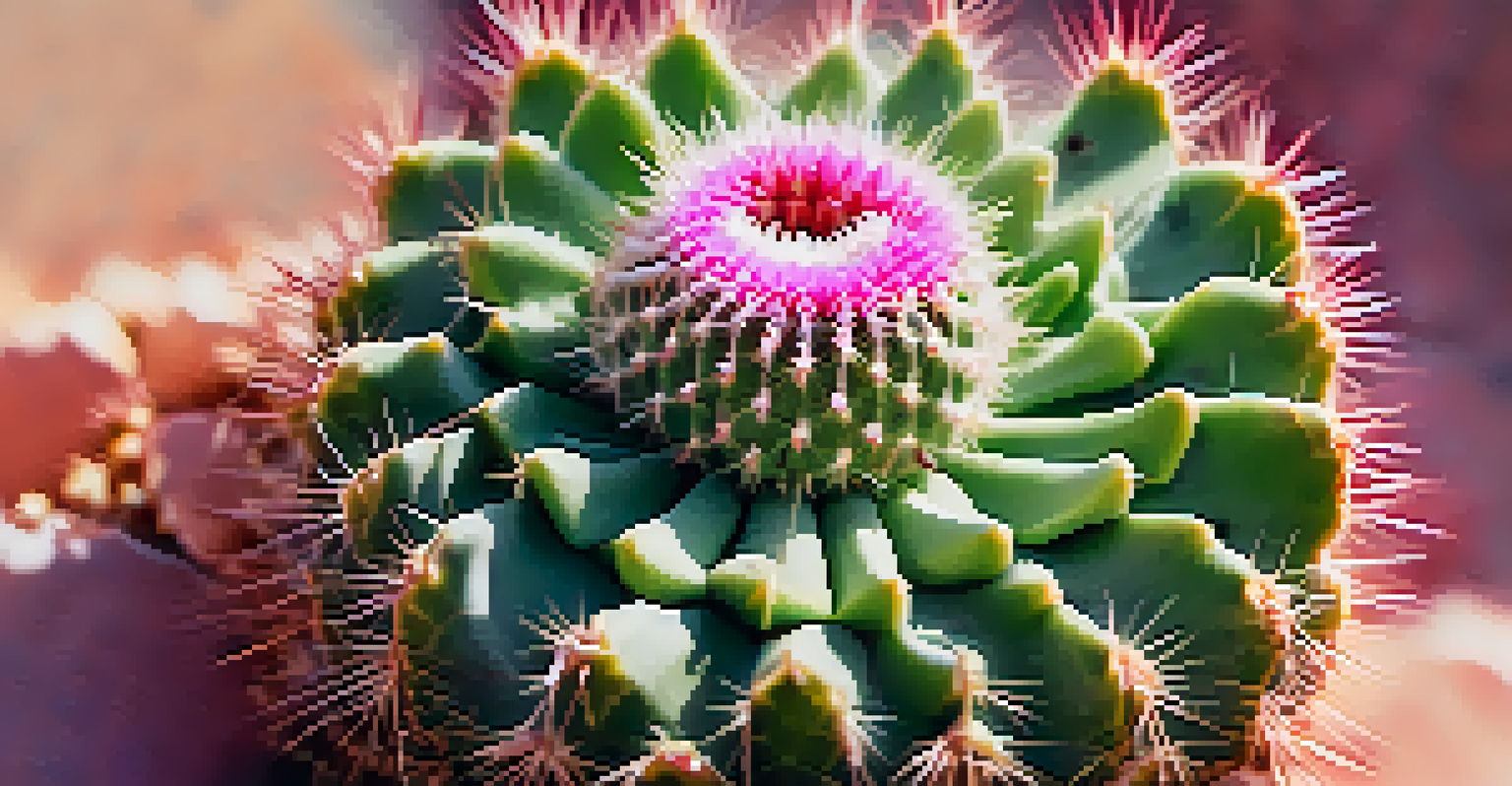 A close-up view of a peyote cactus, highlighting its texture and colors against a blurred background.