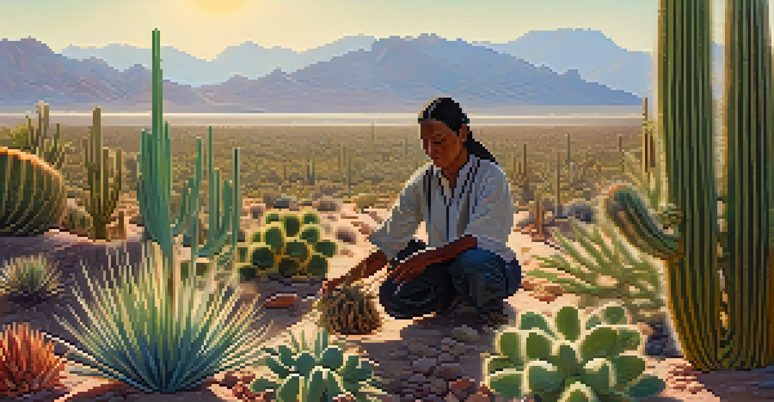 An Indigenous individual harvesting peyote in a sunny desert, surrounded by cacti and plants.