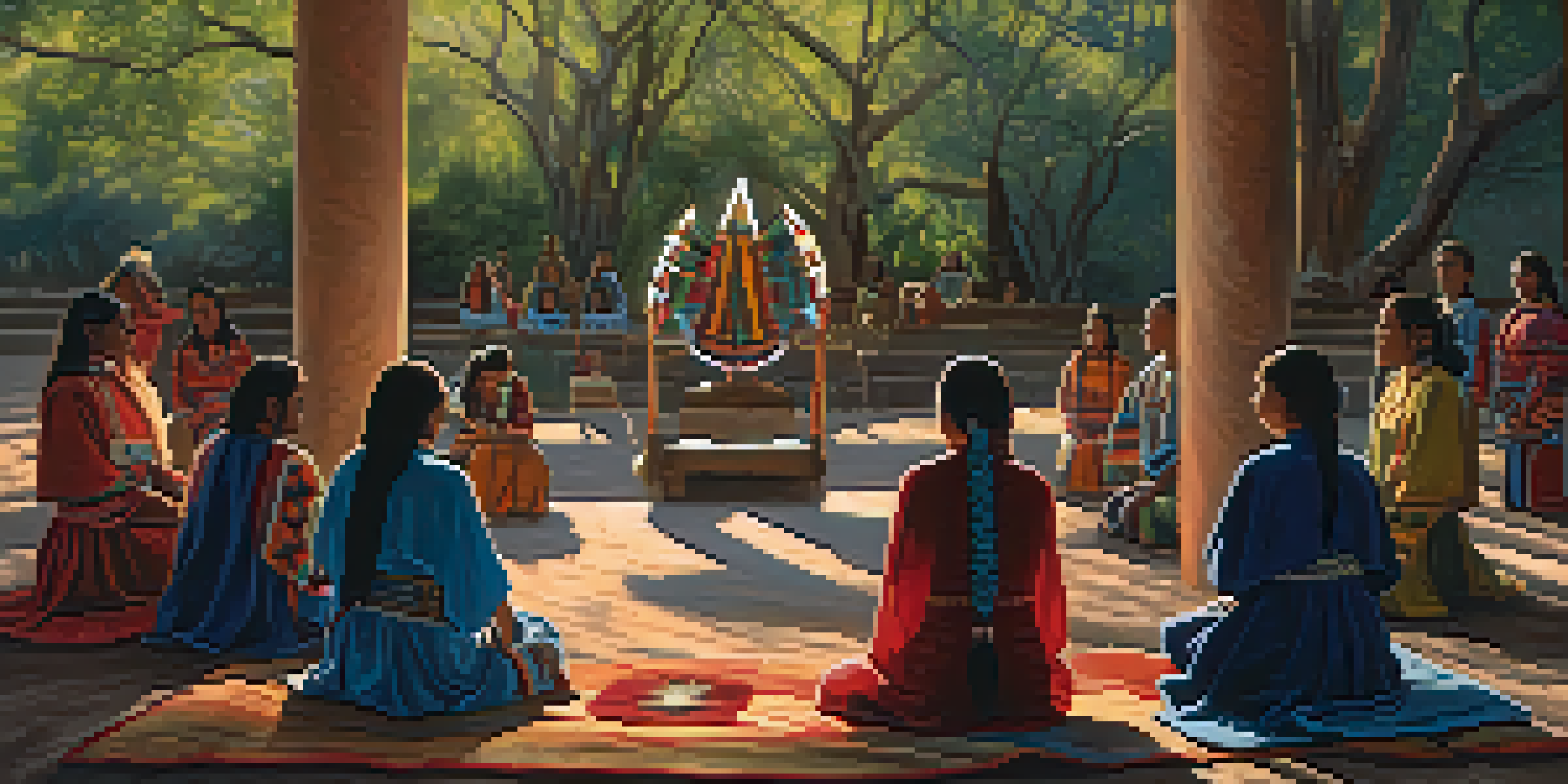 A group of women in traditional attire participating in a Peyote ceremony under a canopy of trees, with an altar featuring the Peyote cactus.