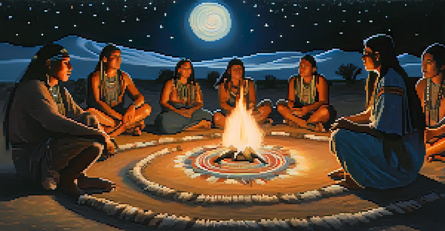 Participants in a peyote ceremony sitting in a circle under a starry night sky, with a central fire illuminating their faces.