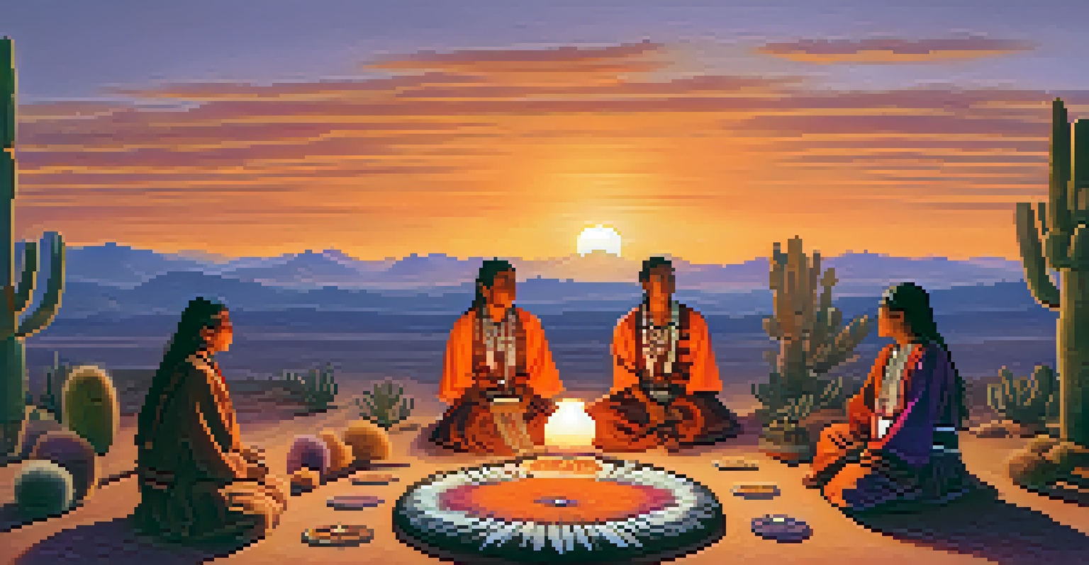 Indigenous people participating in a spiritual ceremony with peyote cactus at sunset, surrounded by traditional items.