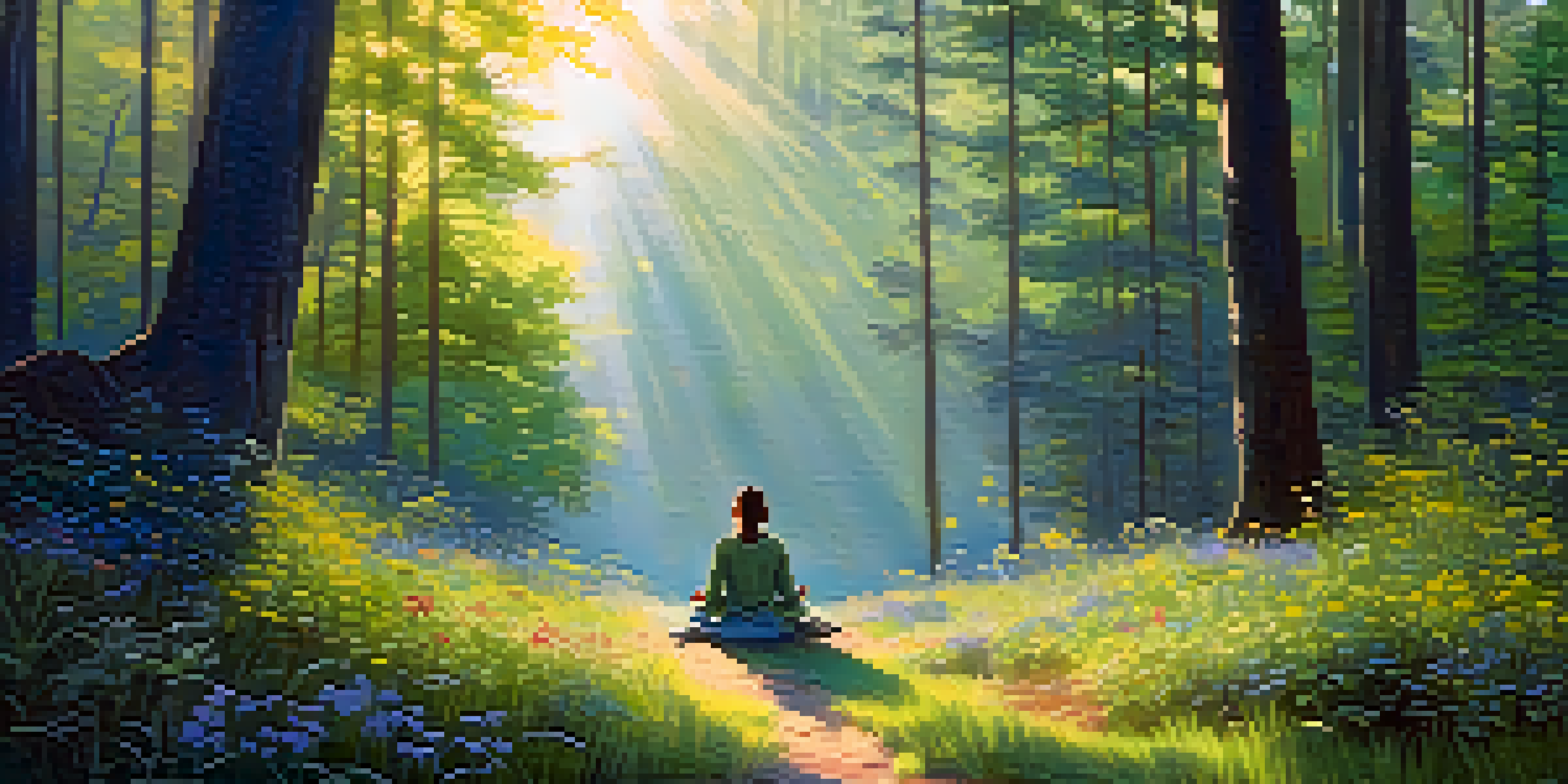 A person meditating on a stone in a sunlit forest surrounded by wildflowers.