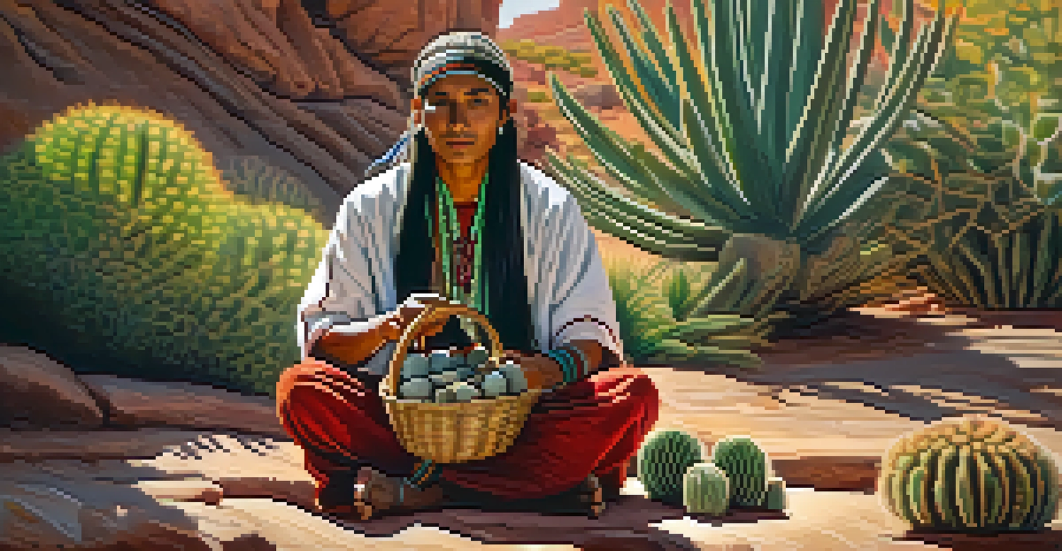 An Indigenous person dressed in traditional clothing, holding a basket of peyote cacti in a natural setting.