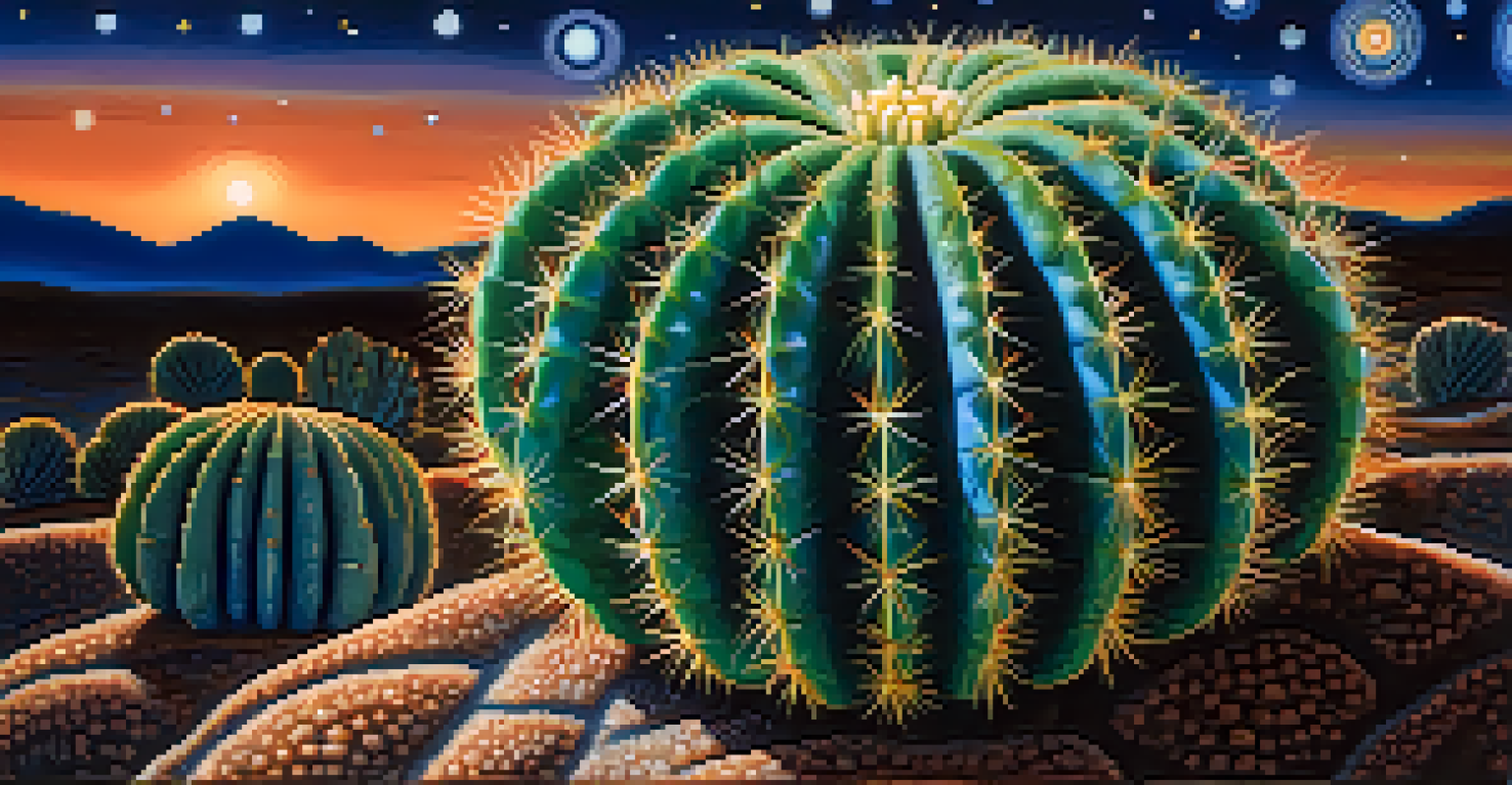 A close-up of a peyote cactus against a blurred starry night sky, illuminated by moonlight, showcasing its intricate patterns.