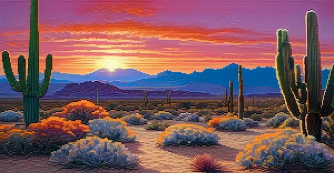 A peyote cactus blooms under a colorful sunset, with warm hues in the sky and soft shadows on the sandy ground.
