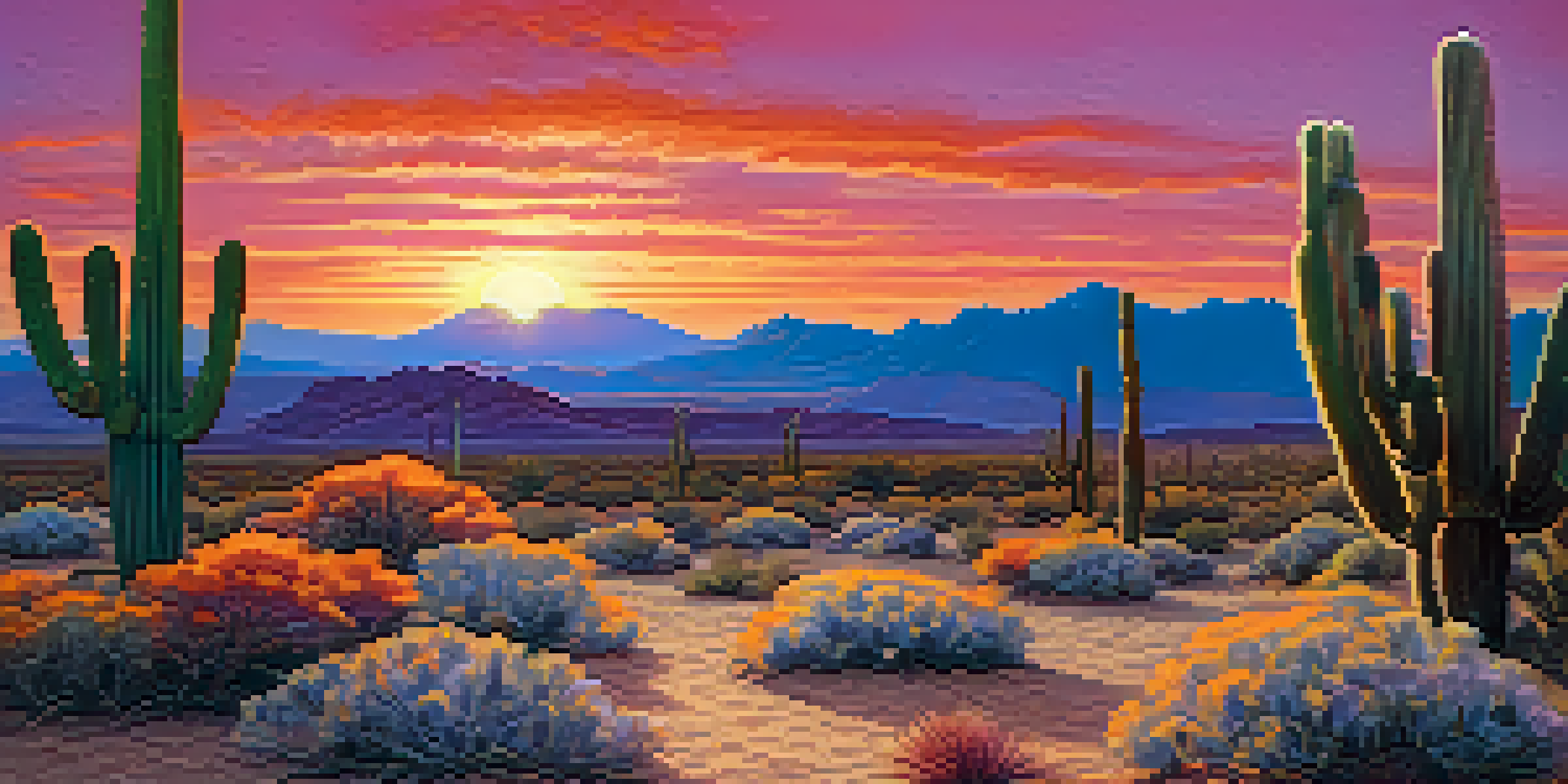 A peyote cactus blooms under a colorful sunset, with warm hues in the sky and soft shadows on the sandy ground.