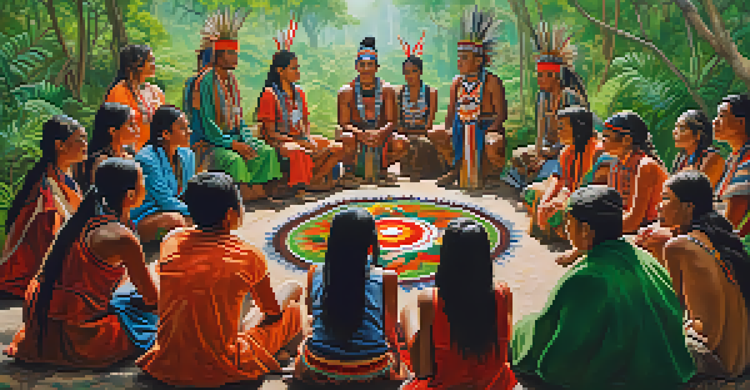 An Indigenous community participating in a ceremony with Peyote in a lush green setting, showcasing traditional attire and ceremonial elements.