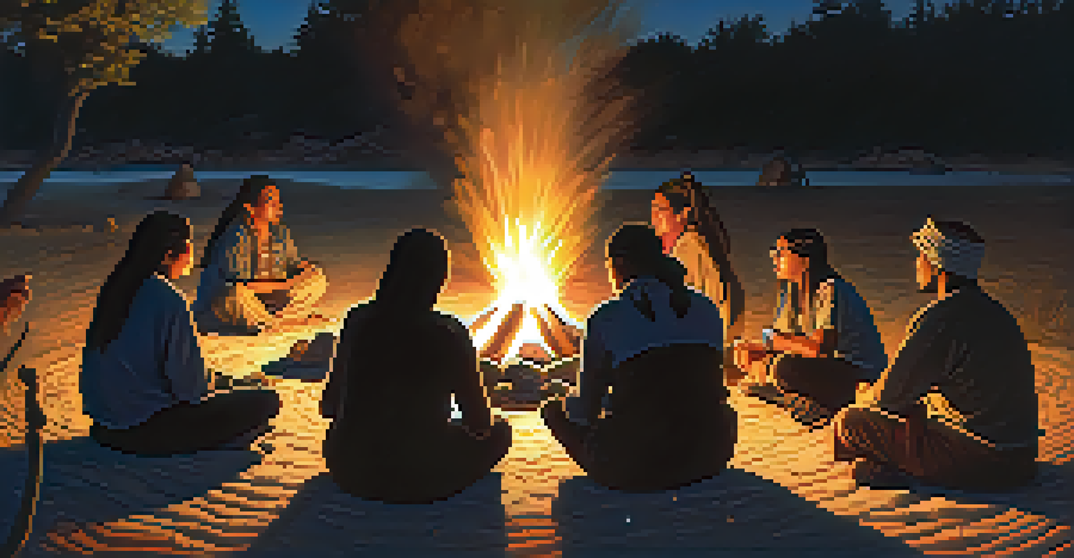 Indigenous individuals sharing stories around a campfire during a peyote ceremony at twilight, under a starry sky.