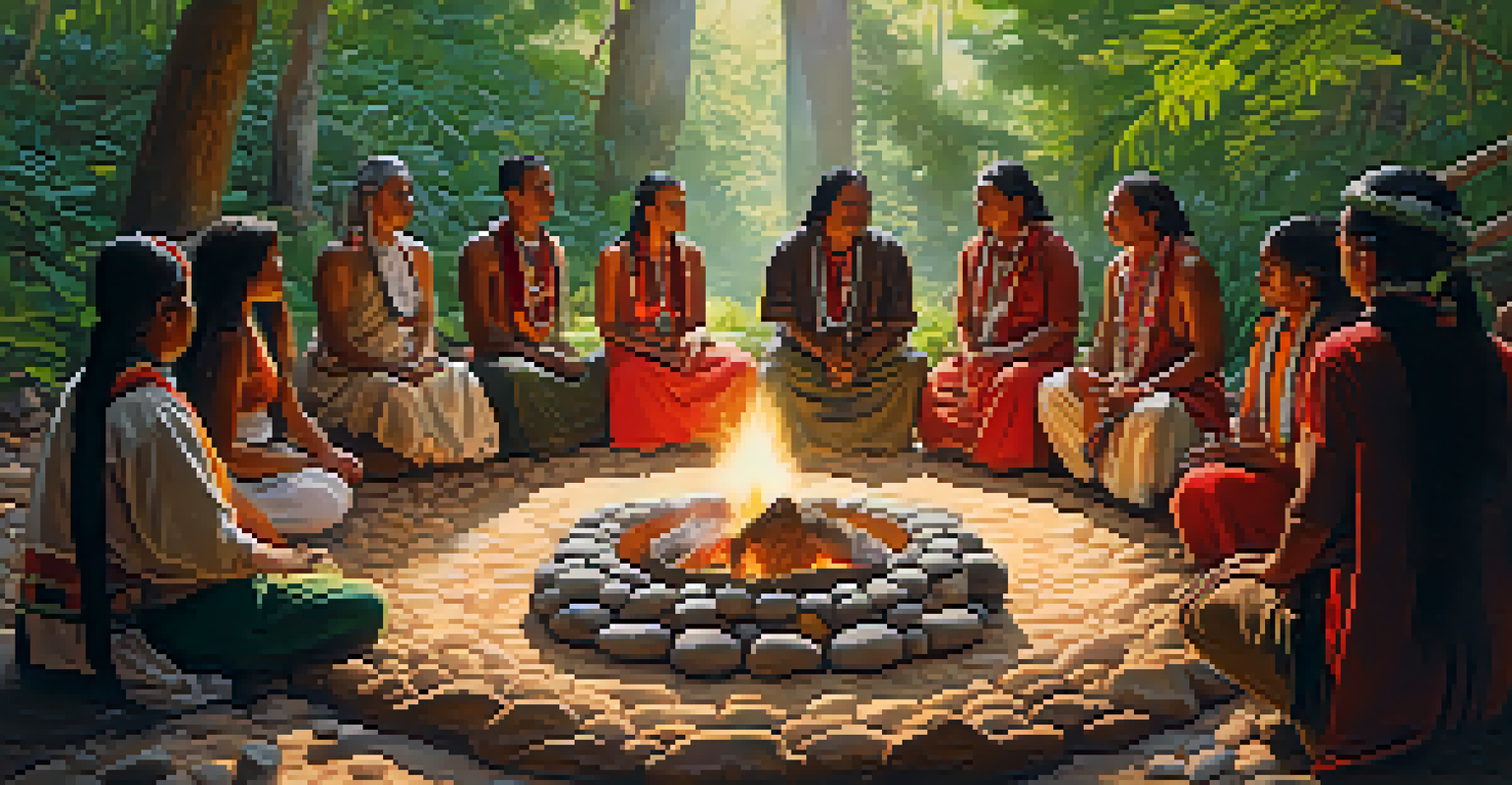A group of Indigenous people in traditional attire participating in a peyote ritual around a fire in a sacred natural setting.