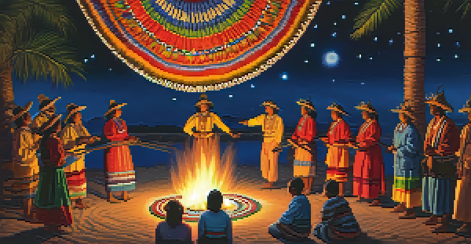 Participants in traditional clothing performing a peyote dance around a fire under a starlit sky.