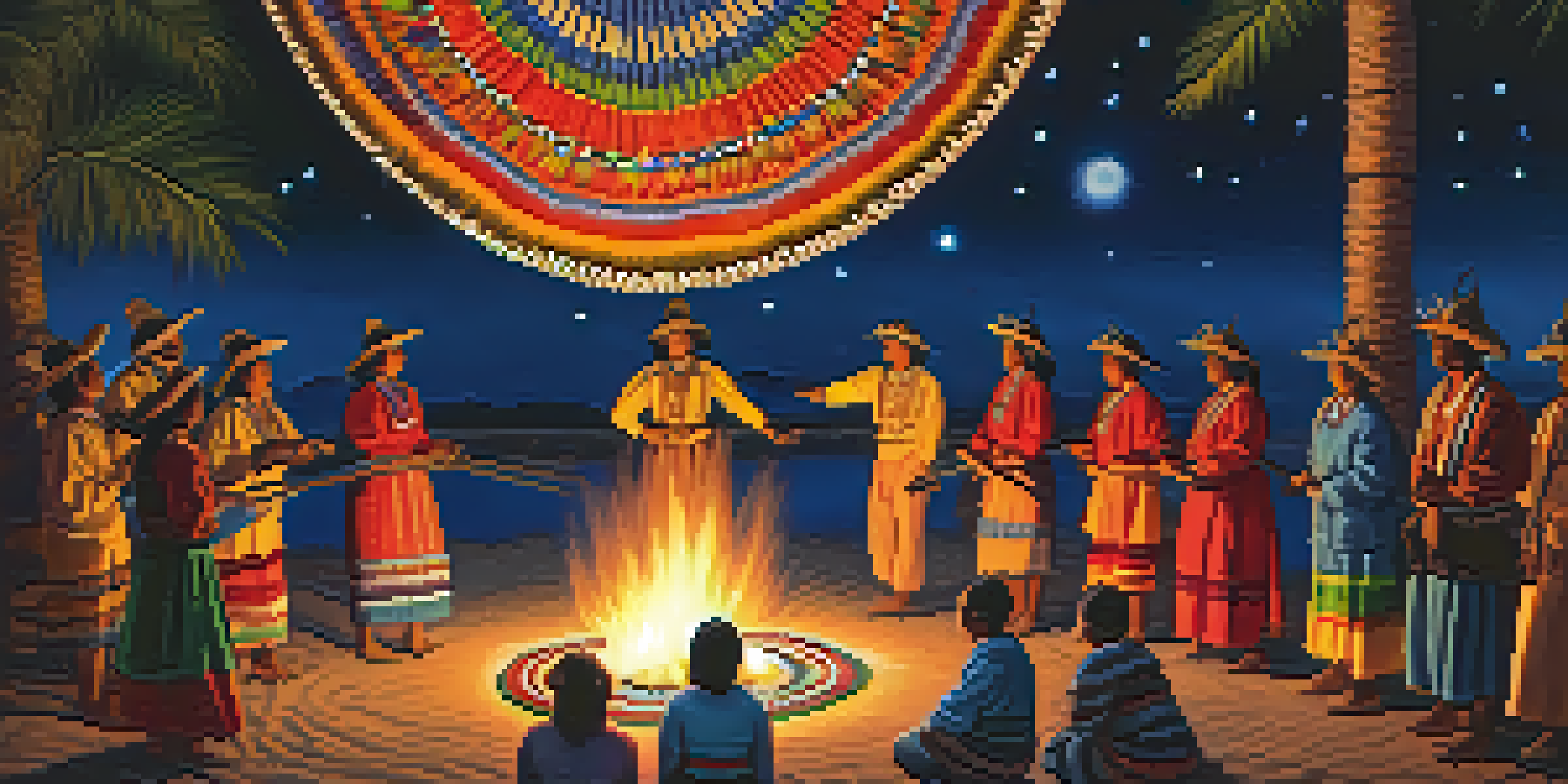 Participants in traditional clothing performing a peyote dance around a fire under a starlit sky.