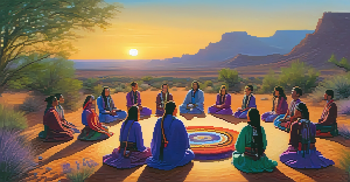 A group of people participating in a peyote ceremony in a desert at sunset, with a shaman leading them.