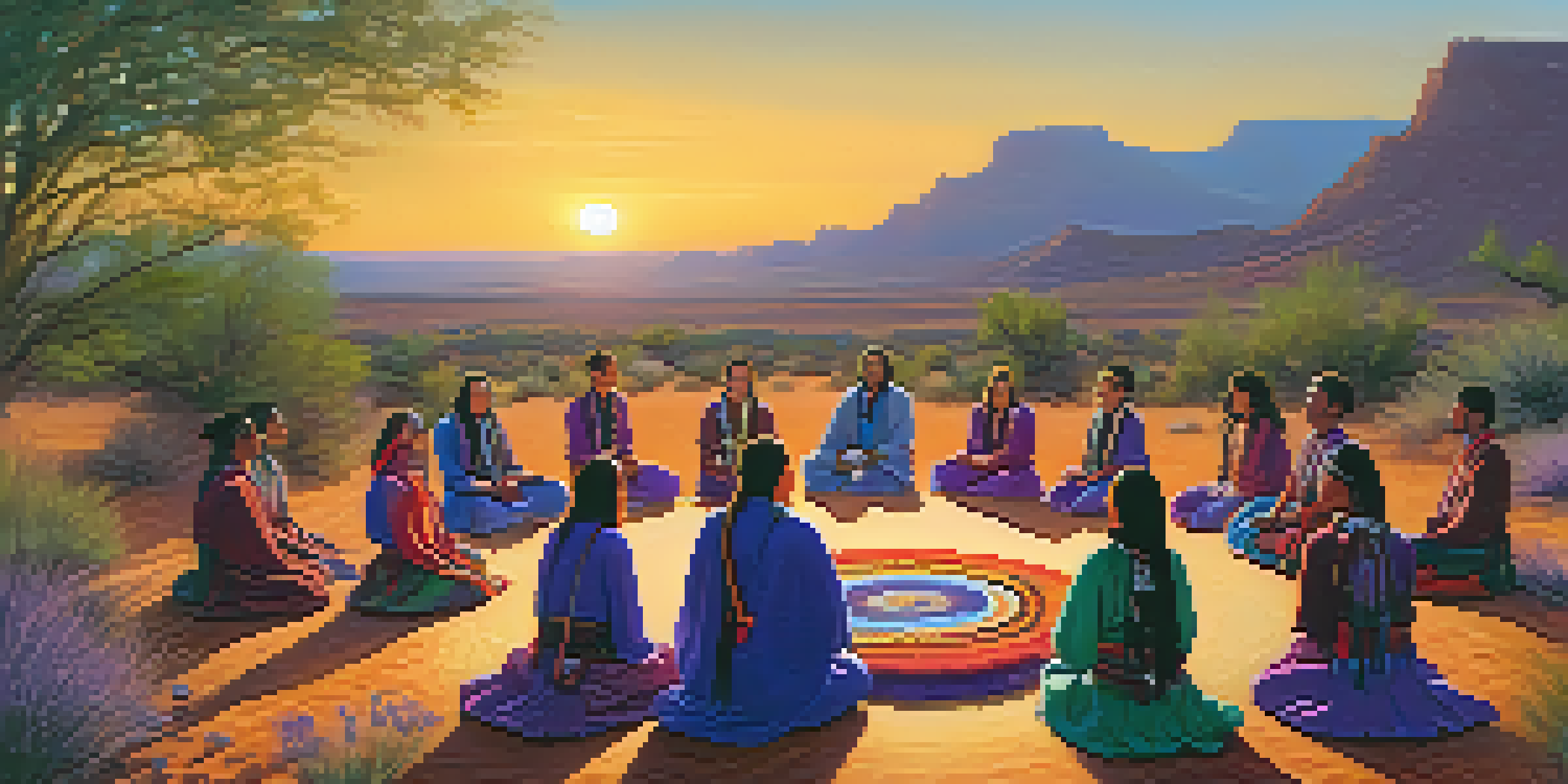 A group of people participating in a peyote ceremony in a desert at sunset, with a shaman leading them.