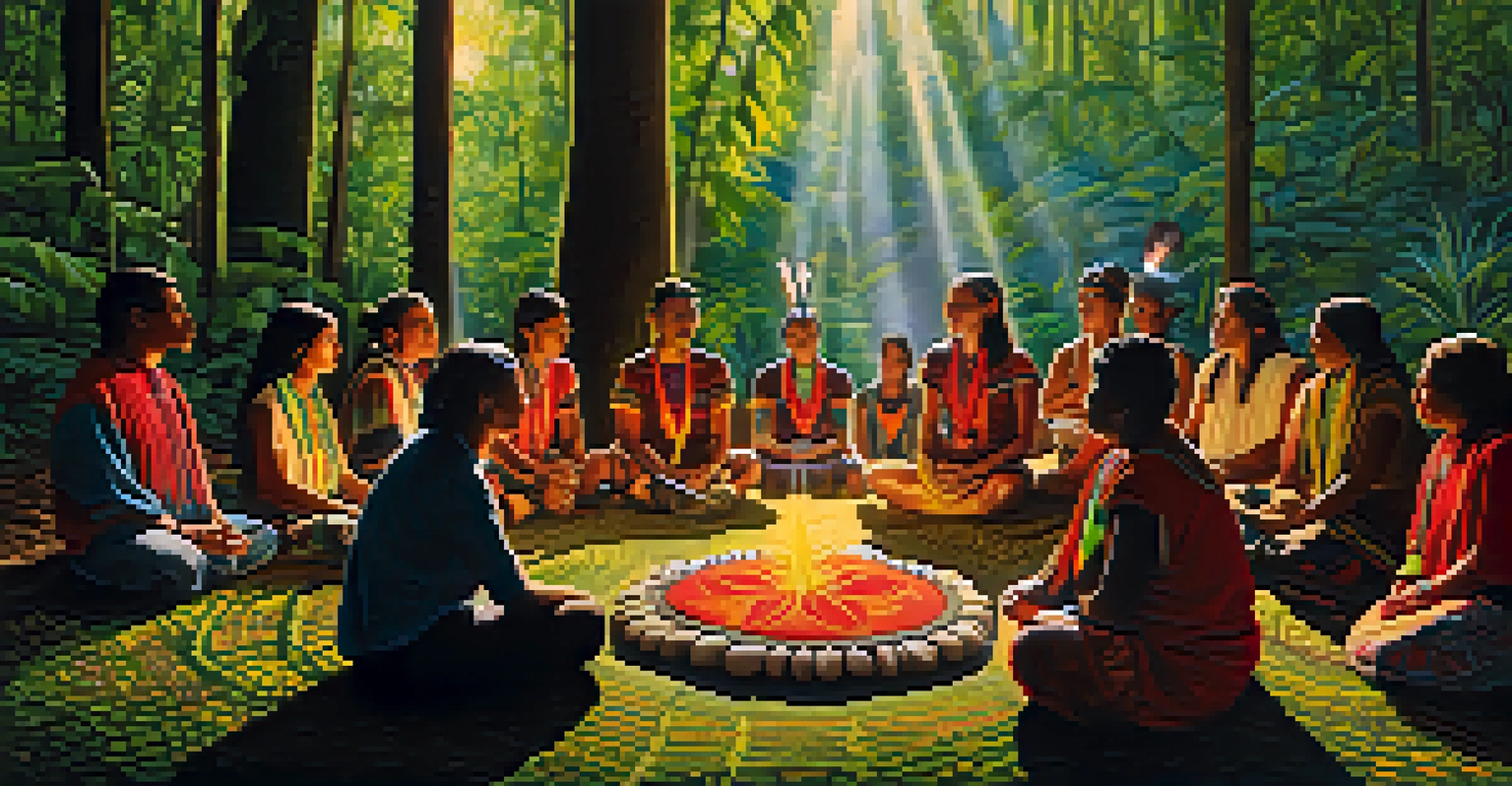 Indigenous individuals in traditional clothing engaged in a Peyote ceremony in a sunlit forest.