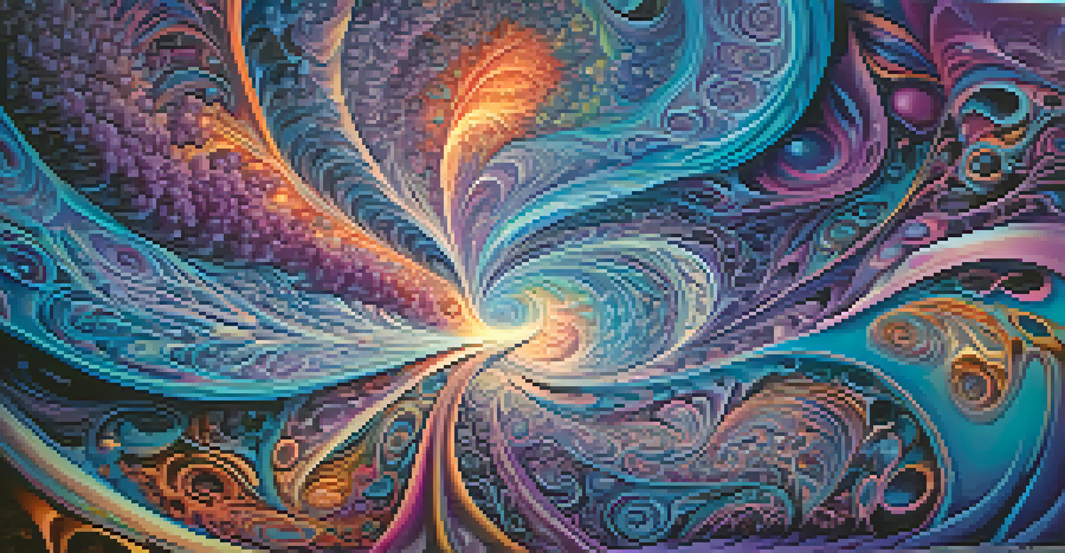 A colorful, psychedelic pattern with swirling shapes and vibrant colors, creating a dream-like atmosphere.