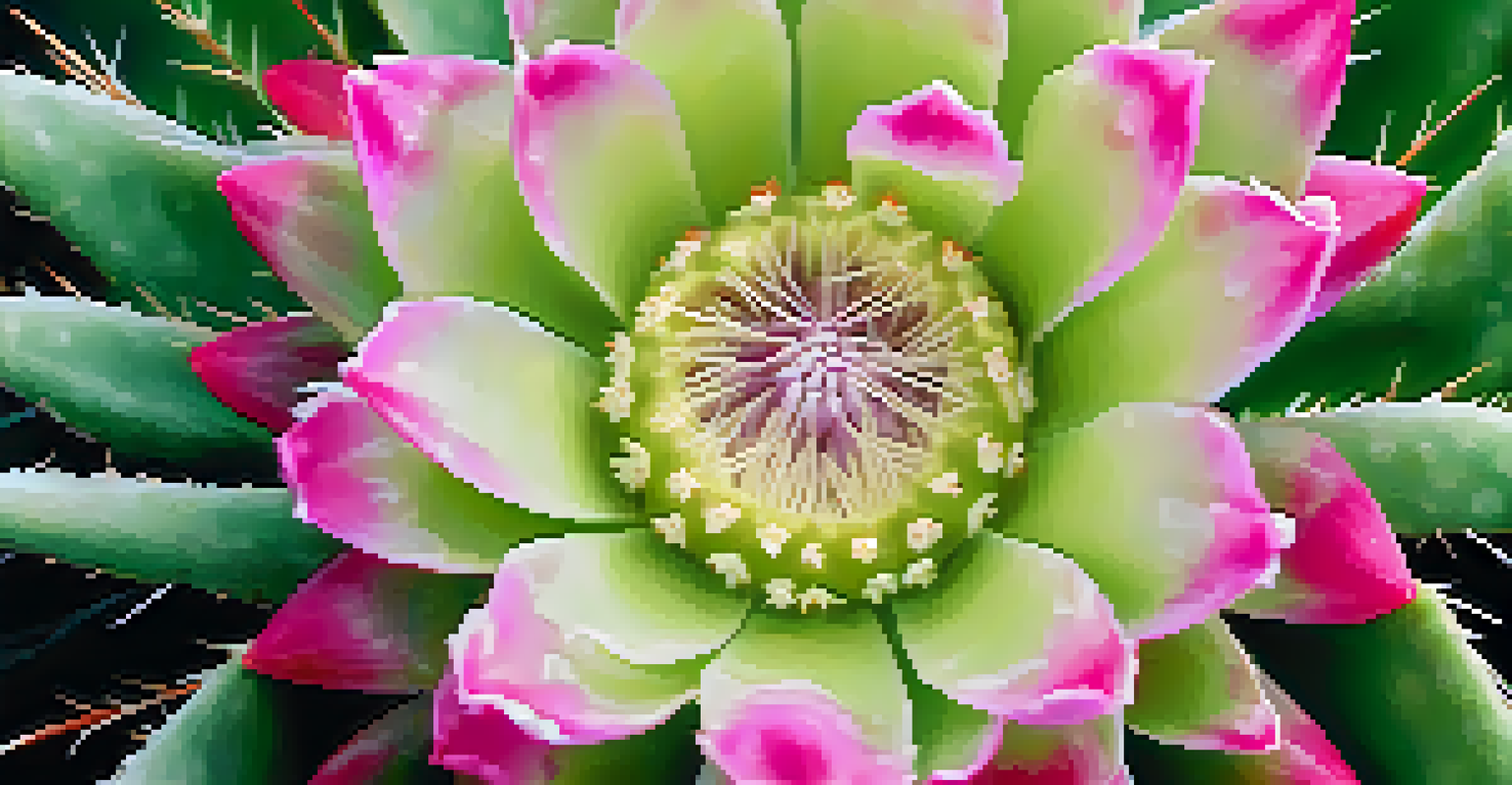 A close-up view of a Peyote cactus with blooming flowers, showcasing its green skin and intricate spines.