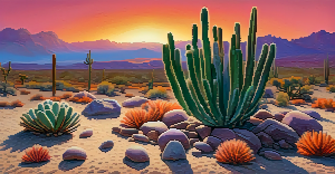 A peaceful desert scene with a peyote cactus at sunset, highlighting the natural beauty of the environment.