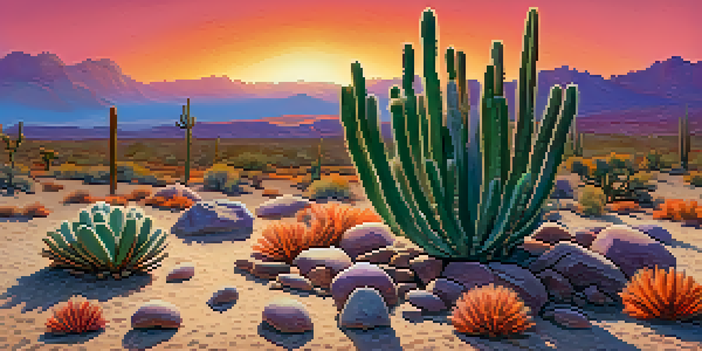 A peaceful desert scene with a peyote cactus at sunset, highlighting the natural beauty of the environment.