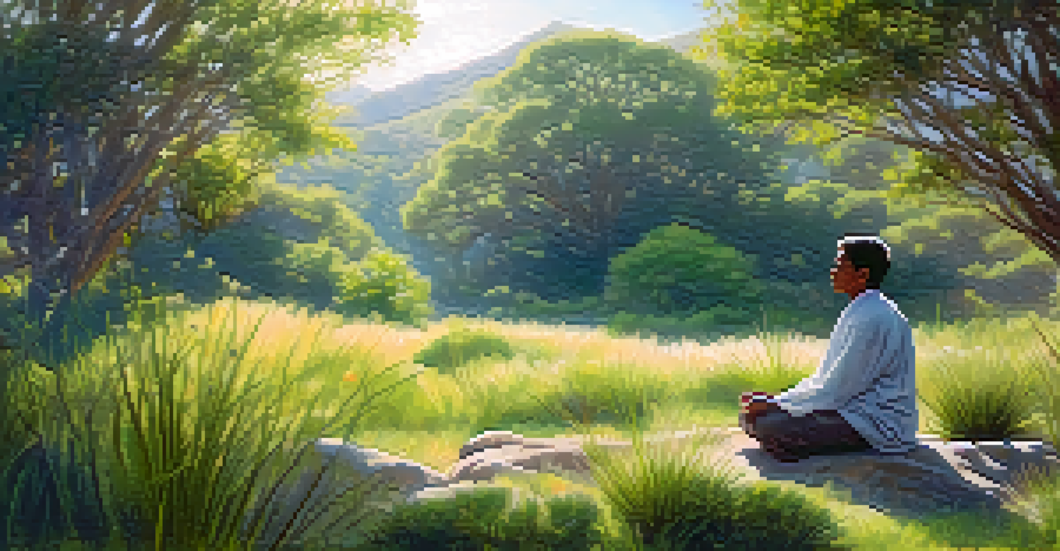 Person meditating in a green landscape with a peyote cactus nearby, surrounded by nature and soft sunlight.