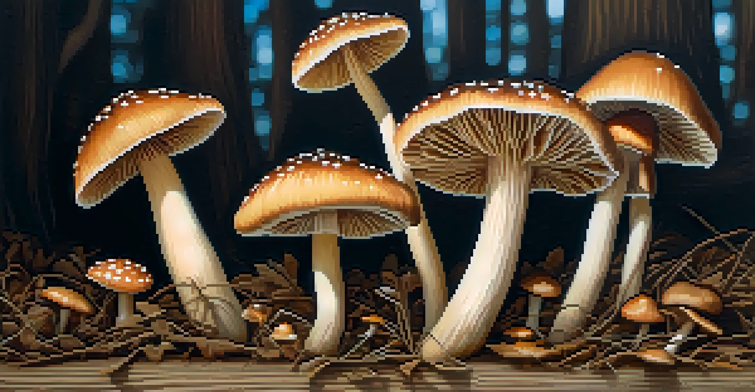 Close-up of psilocybin mushrooms on a wooden table, with soft natural lighting highlighting their textures.