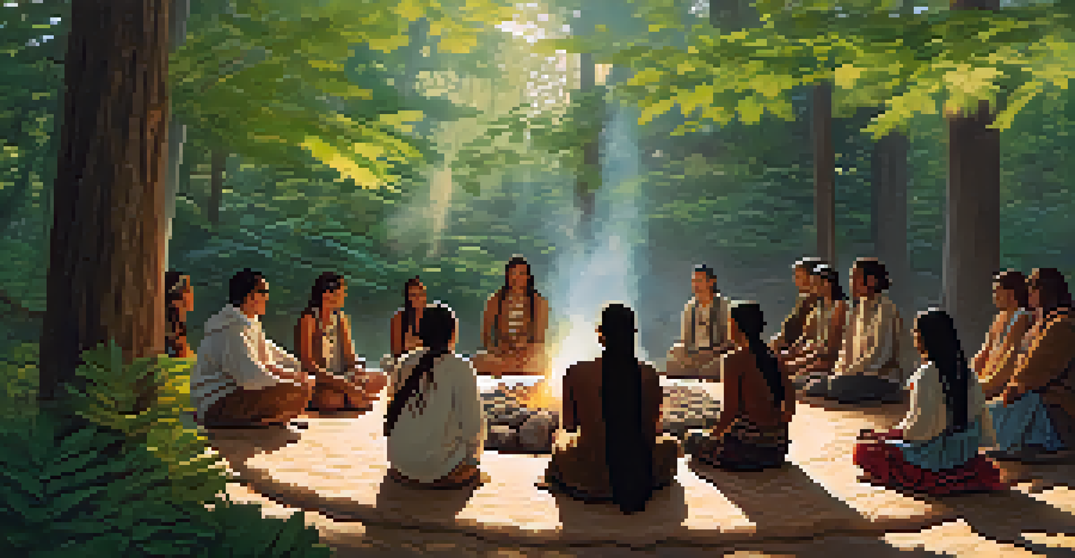 A group of Indigenous people gathered in a circle for a peyote ceremony in a lush, green environment.