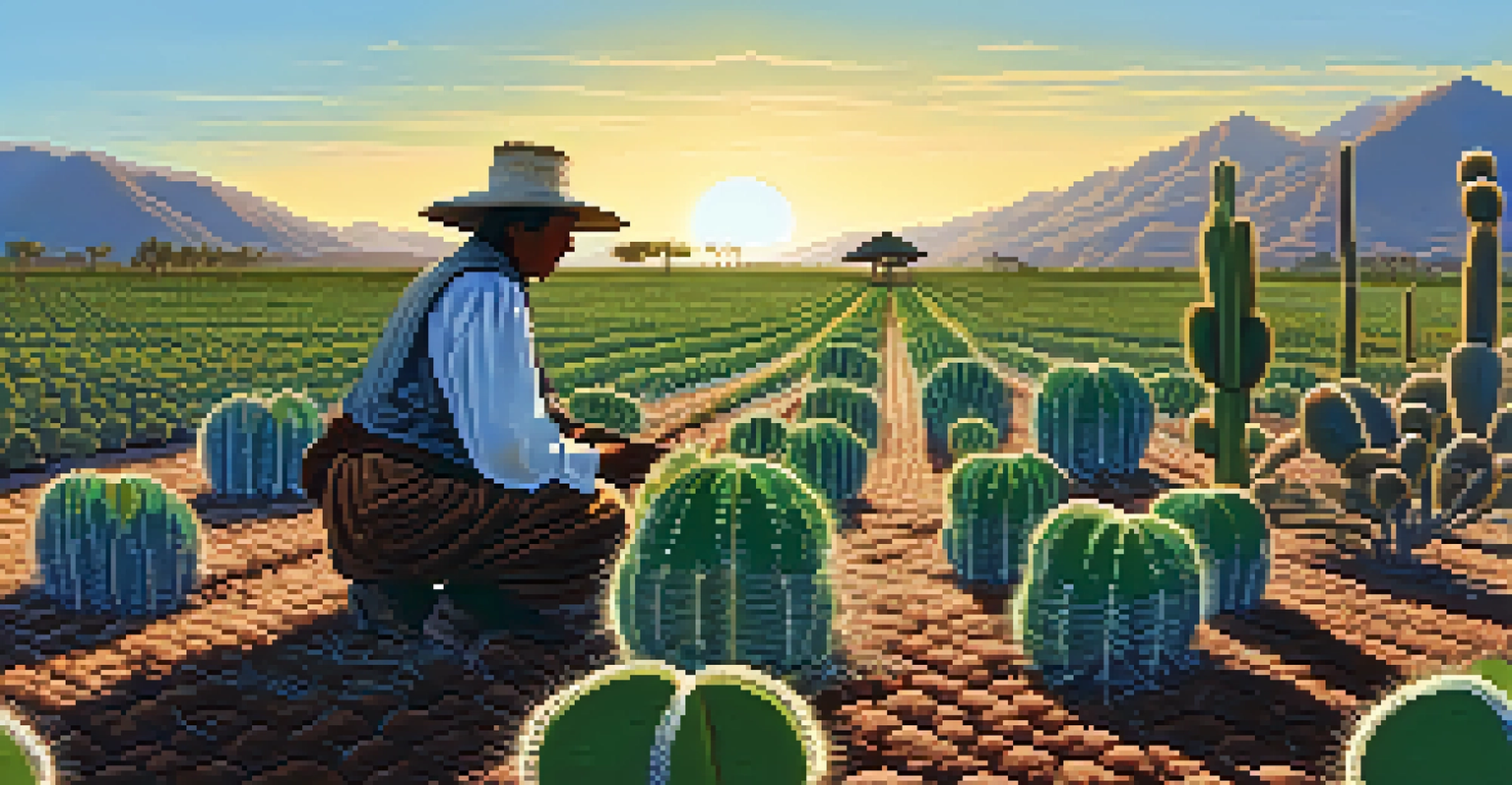 An indigenous farmer inspecting a sustainable peyote field with mountains in the background.
