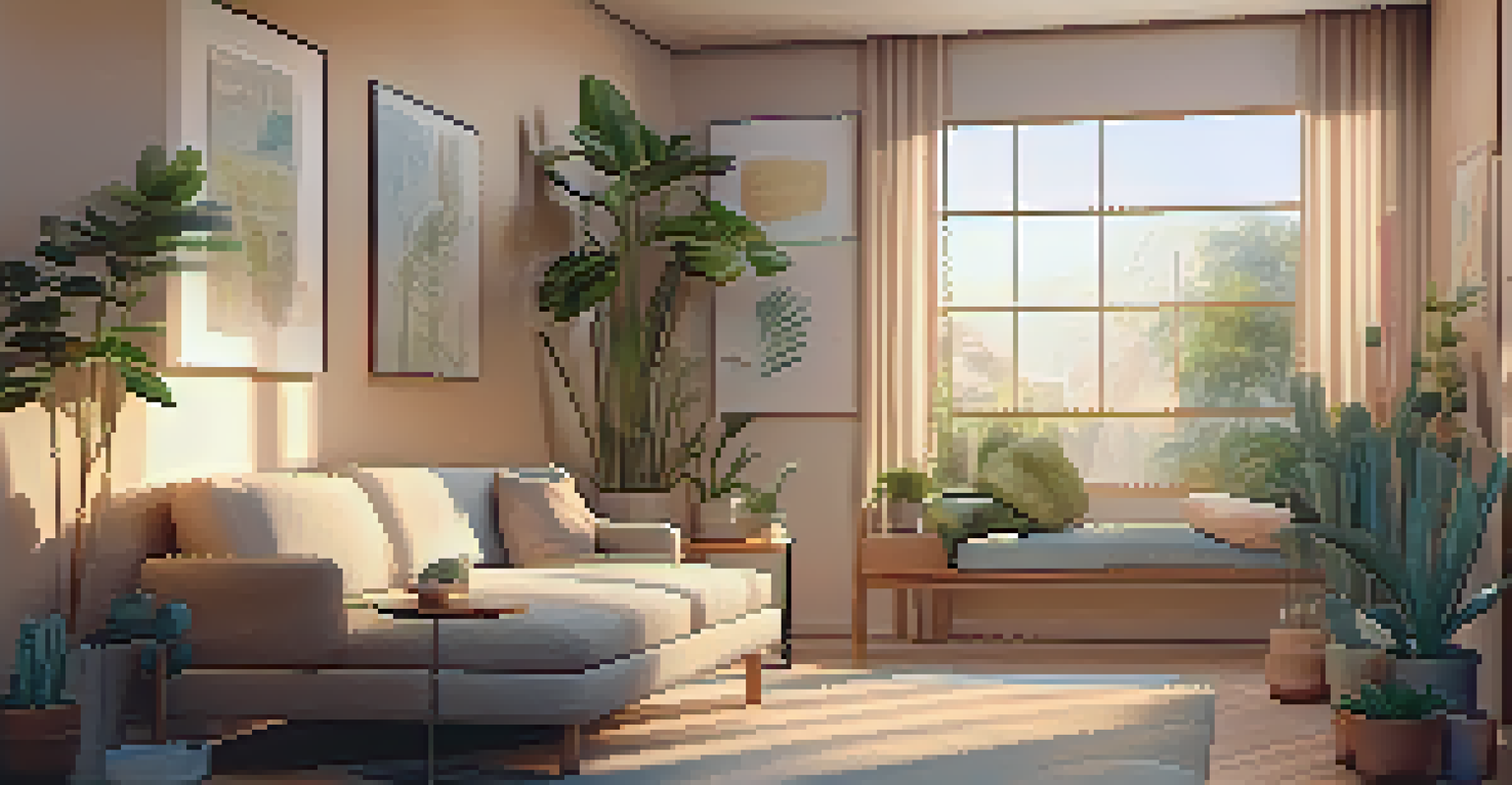 A cozy therapy room with warm lighting, plants, and a therapist guiding a patient on a couch.