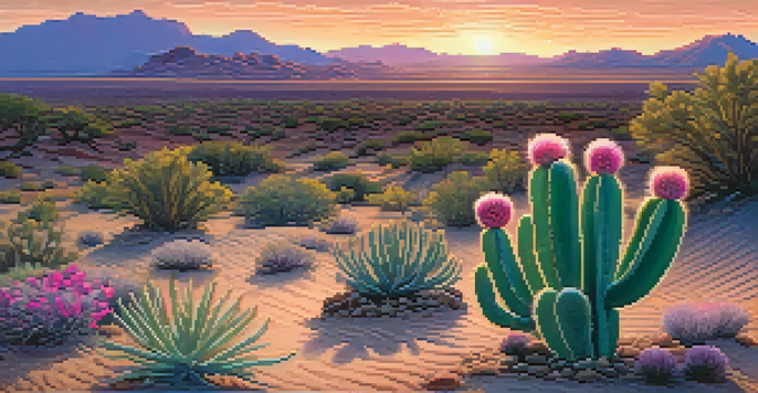 A peaceful desert scene featuring a small peyote cactus against a vibrant sunset sky, with mountains in the background.